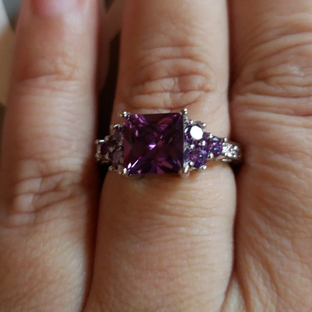 New Princess Cut Amethyst white Gold filled